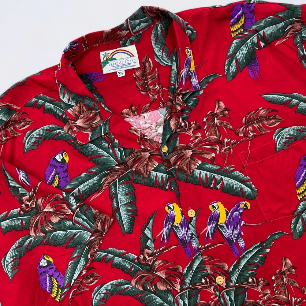 Paradise Found Hawaiian Shirt Men's 2XL Red Jungle Bird Magnum PI Rayon NWOT